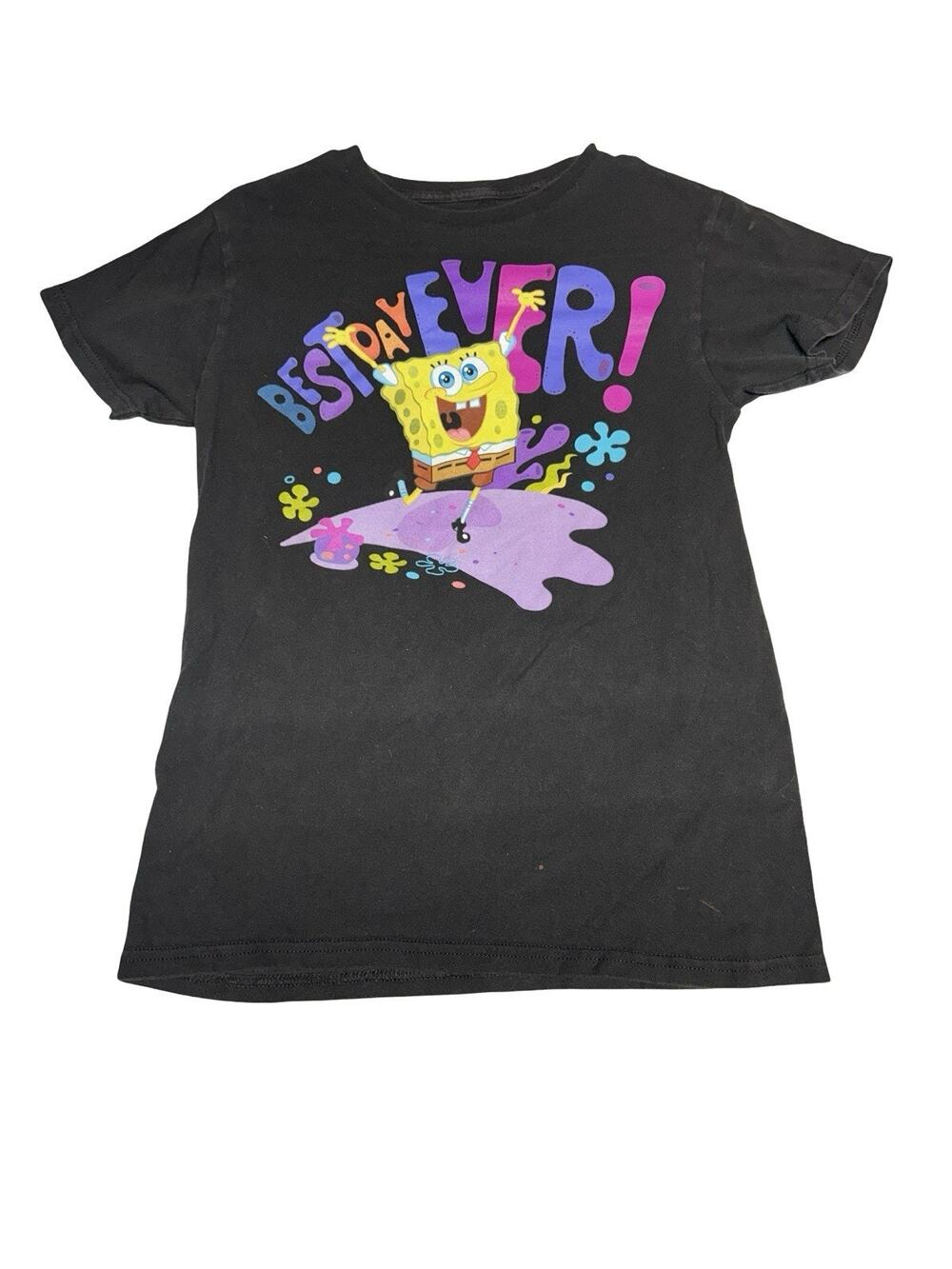 SpongeBob Best Day Ever Graphic Bleach Stains Front T-Shirt Adult Small Black